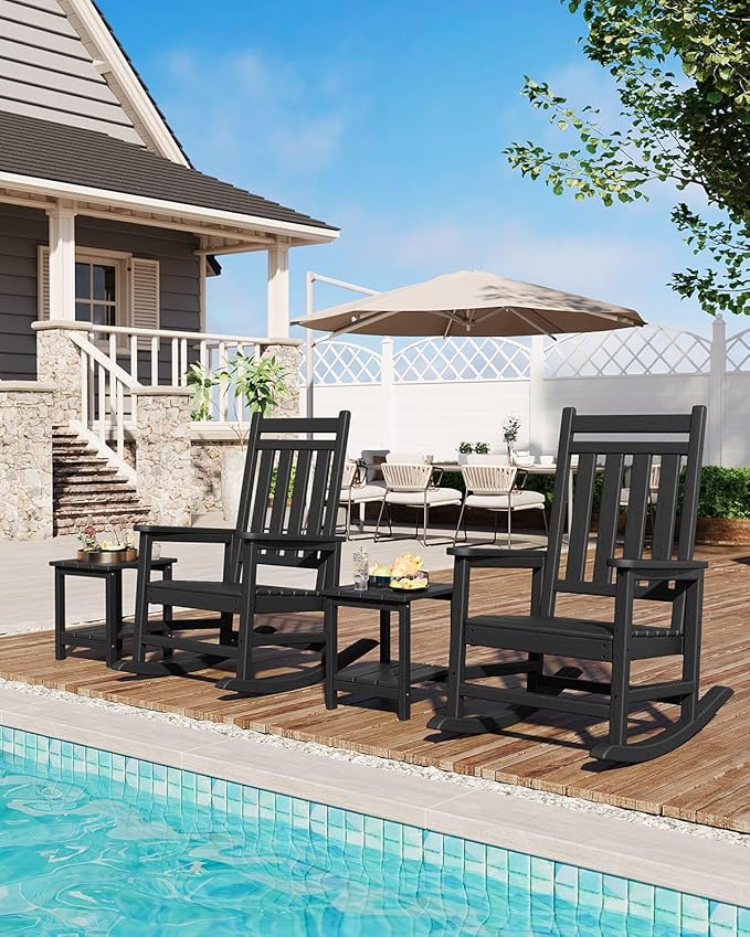 HDPE Rocking Chair Outdoor Set of 6 - Poly High Back Porch Rocker Chairs for Adults - All Weather Resistant Furniture for Patio Front Porch - Black