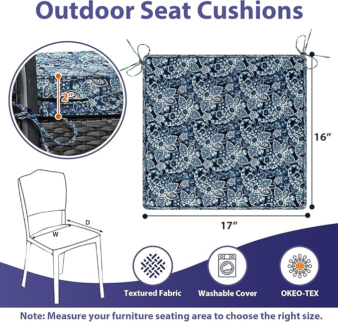 Outdoor Chair Cushions Set of 4,Waterproof Outdoor Seat Cushions for Patio Furniture,Patio Chair Cushion with Handle and Ties, Out Door Chair Pads,17" x 16" x 2", Green Paisley