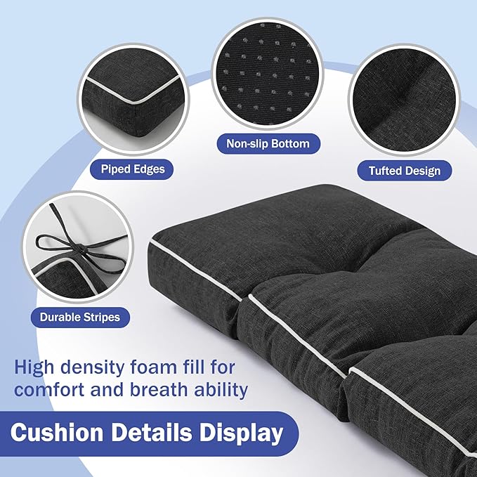 Bench Cushion, 42 x 16 Inch Patio Furniture Cushions with Durable Ties, Soft Memory Foam Bench Cushions for Indoor/Outdoor Furniture with Non-Slip Bottom, Kitchen&Dining, Black