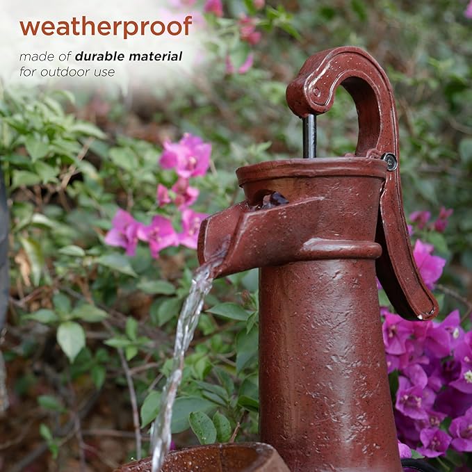 Alpine Corporation ZEN276S Outdoor Vintage Water Pump and Wheelbarrow Floor Fountain - Calming Water Flow, 23 Inch Tall, Brown