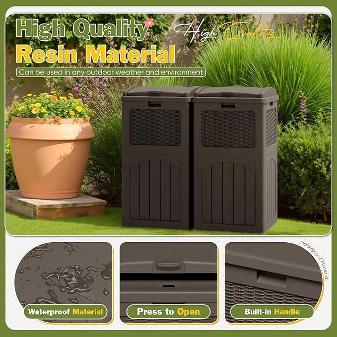 Greesum 33 Gallon Outdoor Trash Can with Lid, Waterproof Resin Garbage Bin for Hideaway, Deck, Patio, 2 Pack, Dark Brown