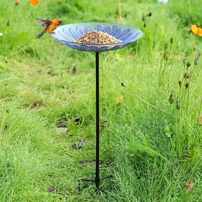 Bird Baths for Outdoors, Glass Birdbaths Outdoor Garden Birdfeeder with Metal Stake for Lawn Yard Decor, 24 Inch Height, Purple