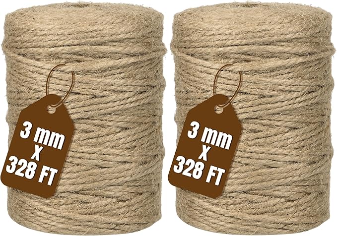 Jute Twine 3mm 656 Feet Long Natural Jute Twine String for Garden, Crafts, Plant Tying, Gift Packing, DIY Projects(2Rolls, 328Feet/Roll)