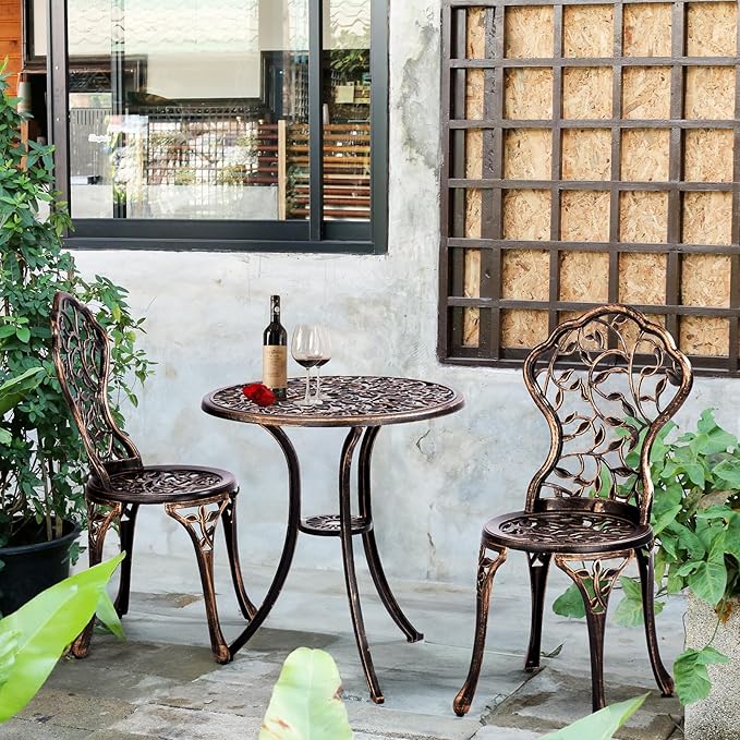 VINGLI 3 PCS Outdoor Bistro Set, Outdoor Patio Set, All-Weather Cast Aluminum Bistro Table Set, Bistro Table and Chairs Set of 2 for Backyard, Garden, Balcony (Bronze, Leaf)