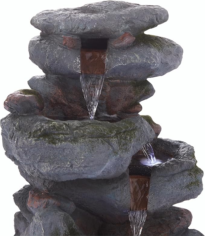 Alpine Corporation 22" Tall 3-Tier Outdoor Rock Waterfall Fountain with LED Lights, Natural Stone Look for Garden, Patio, Yard & Porch Decor, Gray
