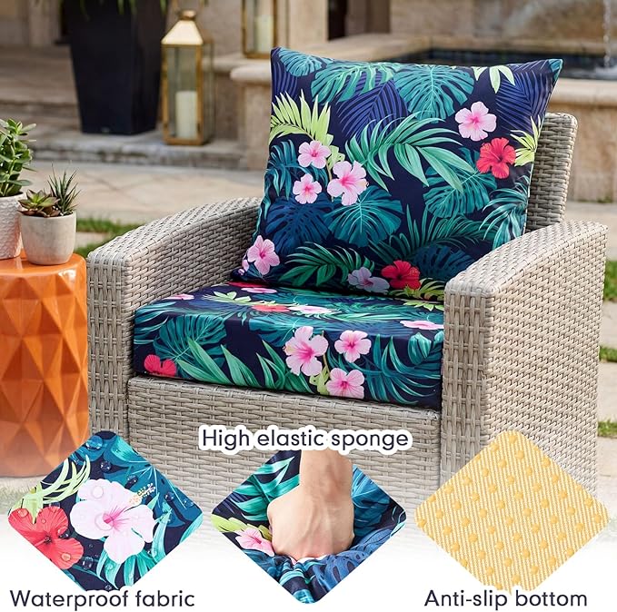 Hoteam 4 Set Outdoor Chair Patio Cushions Deep Seat Waterproof Chair Cushions 20 x 20 Inch for Patio Furniture Set Replacement Removable Seat and Back(Tropical Plant)