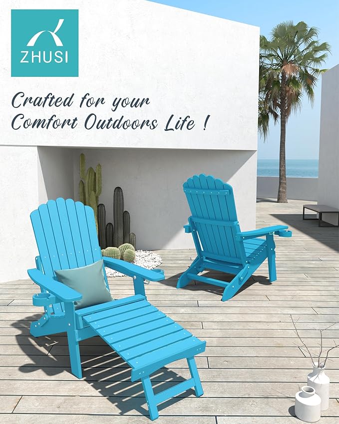 ZHUSI Folding Adjustable Adirondack Chair with Retractable Ottoman, Adirondack Chair with 2 Cup Holders, Outdoor Chairs for Porch Patio Lawn Balcony Weather Resistant (Lake Blue, 1 pcs)
