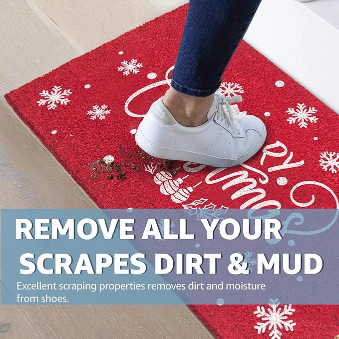 LuxUrux Merry Christmas Door Mat Outdoor 30x17 Inch - Elegant Winter Holiday Coir Doormat, Absorbent and Non-Slip for Outdoor Entrances Front Door.
