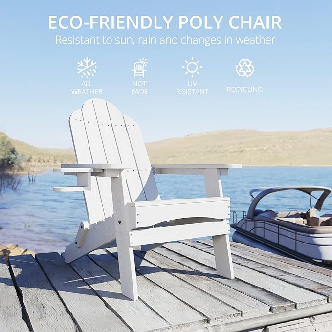 LUE BONA Folding Adirondack Chair 3 Piece Set, White HDPS Outdoor Chair with Side Table & Cup Holder for Poolside Balcony Seating