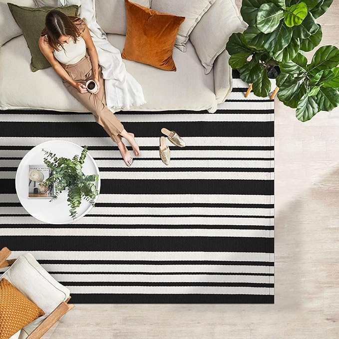IOHOUZE Black and White Striped Rug 4'x6' Outdoor Rugs, Washable Area Rug for Double Front Door, Large Patio Rug Outdoor Indoor, Doormat for Entryway Porch Entrance