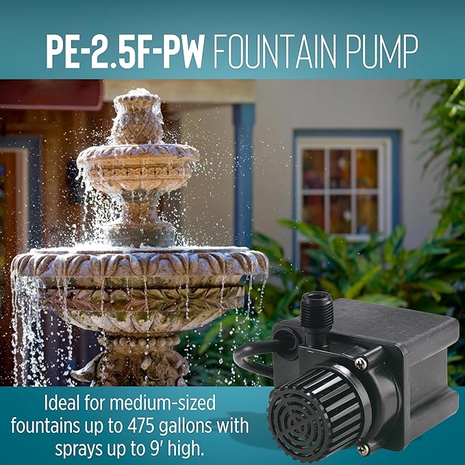 Little Giant PE-2.5F-PW 115 Volt, 1/28 HP, 475 GPH Submersible Direct Drive Pump for Small Ponds or Fountain with 15-Ft. Cord, Black, 566612