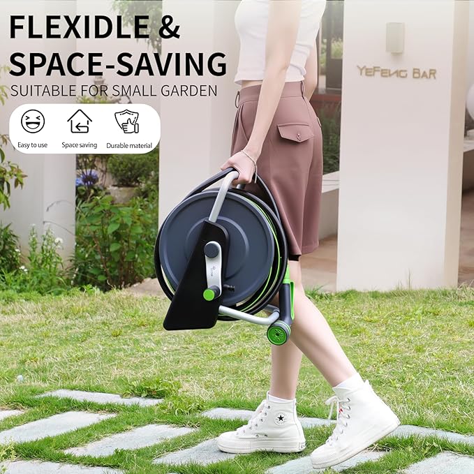 Garden Hose Reel Cart,Hose Holder Up to 50-60 Feet of 5/8" Hose,Wall Mounted Water Hose Reel,Portable Hose Reels for Outside Car Washing, Watering