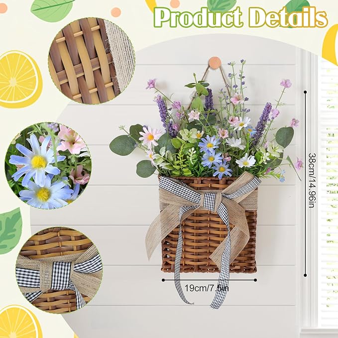 Purple Daisy Wreath Spring Door Hanger Basket Wreath, Artificial Spring Summer Wreaths with Green Eucalyptus Leaves and Lavender for Front Door Indoors Outdoor Decor Rustic and Farmhouse Wreaths