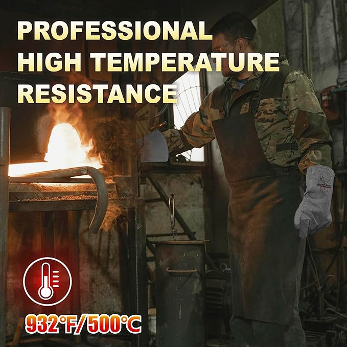 932℉/500°C Heat Resistant gloves, Fire Proof Foundry Leather Gloves for Fireplace, Furnace, Fire Pit, Blacksmith...