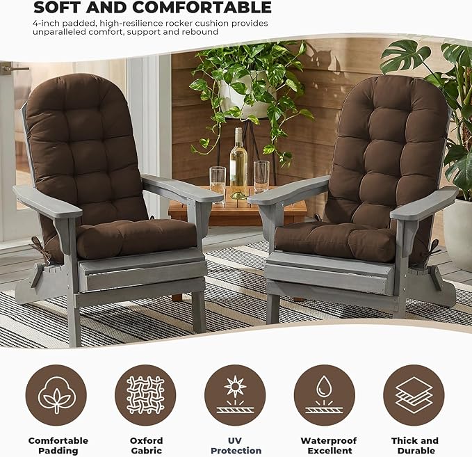 Outdoor/Indoor Adirondack Chair Cushion, Waterproof Outdoor Rocking Chair Cushion with Ties, Tufted Replacement Seat Cushions for Outdoor Furniture, Brown