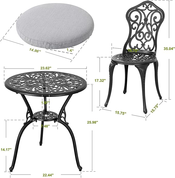 NUU GARDEN 3 Pieces Patio Bistro Set, Outdoor Bistro Set with 2 Chairs, Round Table with Umbrella Hole, Outdoor Bistro Set with Umbrella Hole and Grey Cushions, Black