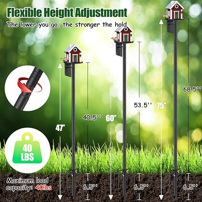 Heavy Duty Bird Feeder Pole - 75" Adjustable Birdhouse Stand Outdoor, Anti-Tip Stakes & Stable Mount for Smart Camera Birdfeeder,Bluebird House, Bird Buddy, Birdfy
