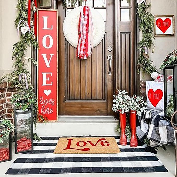 Buffalo Plaid Outdoor Rug 35.4'' x 59'' Black and White Front Door Mat Front Porch Rug Layered Welcome Door Mat for Front Porch Decor, Front Door, Farmhouse Decor,Entryway