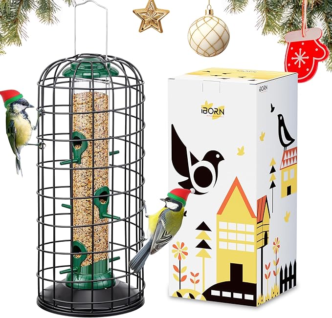 iBorn Bird Feeders Hanging-Squirrel & Pigeon Proof Bird Feeder, Heavy Duty All Metal Green 14 Inch, Outdoor for Mix Seed Blends & Garden