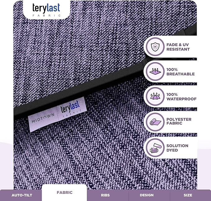 Midtown Umbrellas - 10-Year-No-Fade 6 Ft Patio Umbrella with Terylast Fabric, Auto-Tilt Aluminum Frame and 8 Reinforced Ribs for Deck, Pool, Garden & Beach - Purple Texture Canopy, Black Pole