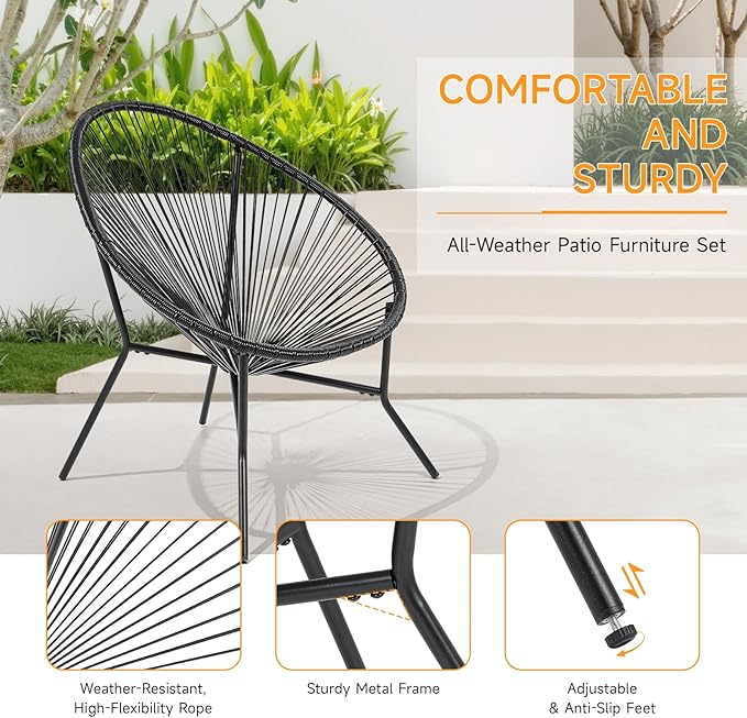 ONBRILL 3 Piece Patio Bistro Set, Outdoor Acapulco Chairs with a Coffee Table, All-Weather PE Rattan Patio Furniture Set for Balcony, Garden, Proch, Black