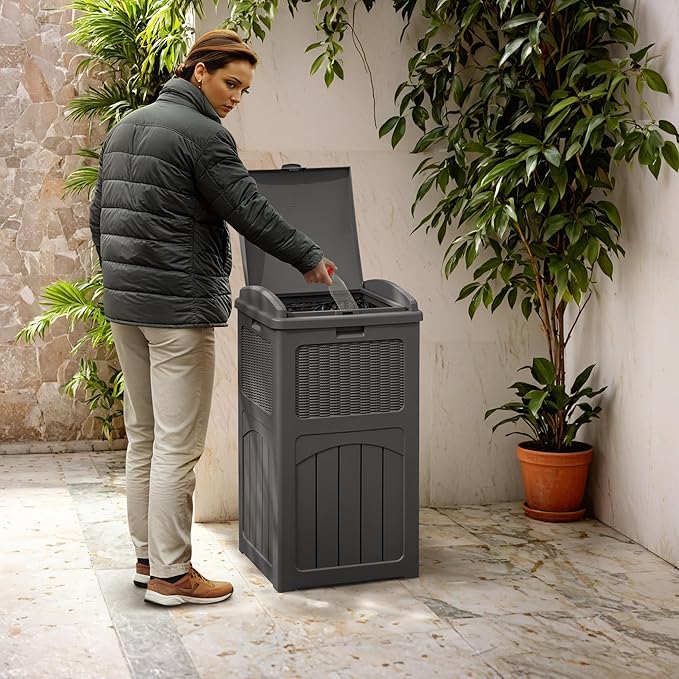 Greesum 33 Gallon Outdoor Trash Can with Lid, Waterproof Resin Garbage Bin for Hideaway, Deck, Patio, Gray
