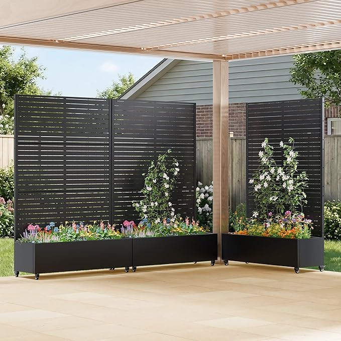 Casaphoria Metal Raised Garden Bed with Trellis and Wheels, 72"x47"x16" Planter Box for Climbing Plants, Vegetables & Vines, Features Drainage Holes and Privacy Screen (Black-Louvered)