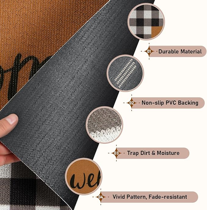 UINI Welcome Mat Outdoor Indoor Door Mats, Heavy Duty Buffalo Plaid Welcome Front Door Mat, Non Slip Durable Entrance Rugs for Outside Entry, Porch, Resist Dirt, 17"x 30"