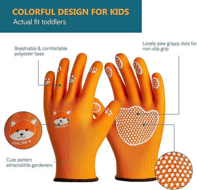COOLJOB Large Toddler Gardening Gloves for Little Boys Girls Ages 6-9, Breathable Kids Work Gloves with Grippy Animal Paw Dots for Children Yard Landscape, Orange Dog, 1 Pair