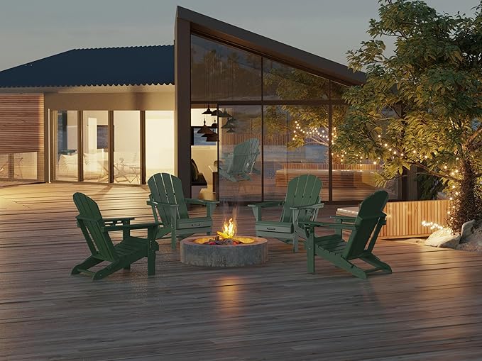 MUCHENGHY Folding Adirondack Chairs Set of 4, Patio Chairs, Lawn Chairs, Outdoor Chairs, Adirondack Chair Plastic, Fire Pit Chairs, Weather Resistant with Cup Holder for Deck, Backyard, Garden(Green)