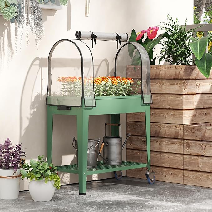Outsunny Raised Garden Bed with Greenhouse Cover, Large Metal Outdoor Elevated Planter Box with Lockable Wheels, Storage Shelf and Drainage Hole for Vegetables, Flowers, Herbs, Green
