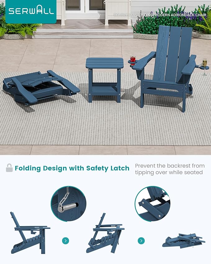 SERWALL Modern Folding Adirondack Chair Set of 8, Weather Resistant Outdoor Adirondack Chair with Dual Cup Holders, HDPE Fire Pit Chairs for Patio Lawn Garden, Blue