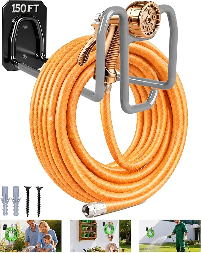 Garden Hose Holder with Hook - Heavy Duty Garden Hose Hanger with Sprayer Storage Design, Wall Mount Water Hose Storage for Outside Yard Lawn and Garage