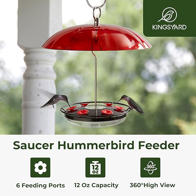 Kingsyard Weatherproof Hummingbird Feeder for Outdoors Hanging - Heavy Duty Metal lid with 6 bee Guard Feeding Ports & Circular Perch, Built-in Ant Moat, Easy to Refill & Clean (12oz/Black)