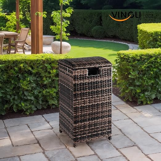 VINGLI 33 Gallon Outdoor Trash Can with Convenient Lid, Rattan Garbage Container with Side Hook, Weatherproof Patio Trash Can for Graden, Yard, Patio, Brown