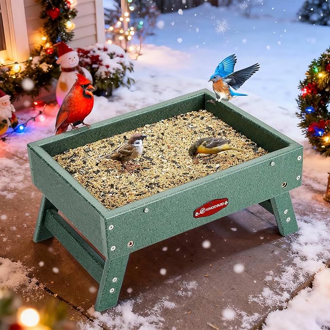 Kingsyard Ground Bird Feeder for Outdoors - Recycled Plastic Platform Feeder for Wild Birds, Squirrels, Chicken, 5 LBS Large Capacity, Green