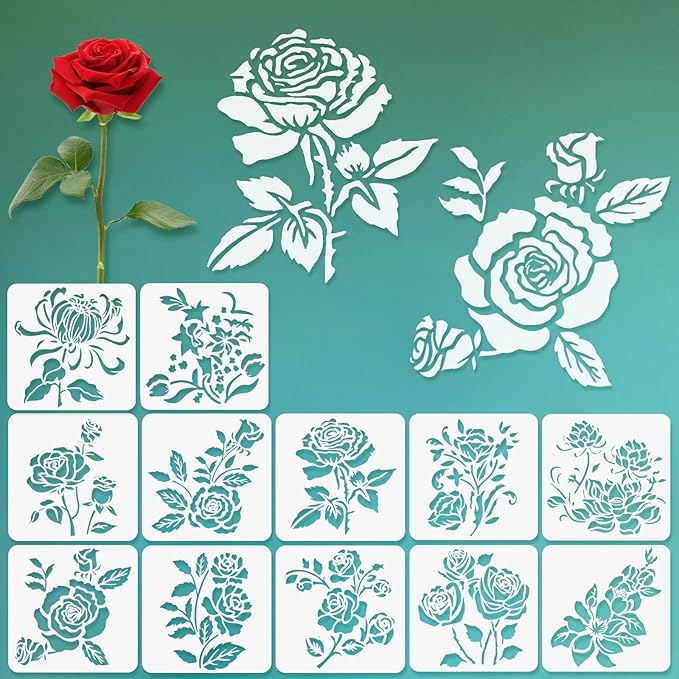 12 Pcs Large Flower Stencils for Painting, 5.12 X 5.12 Inch Flower Stencils for Crafts Reusable, Wood and Wall Stencils for Painting Large Pattern, DIY Templates Holiday Wall Paper (H)