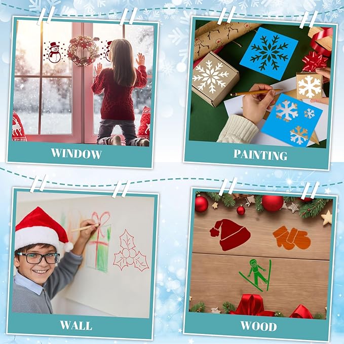 Henoyso 24 Pcs Winter Stencil Set 8 x 8 Inch Plastic Snowflake Drawing Painting Templates Assorted Stencils Reusable for Holiday Winter Themed Kids Painting on Wood Scrapbook DIY Art Crafts