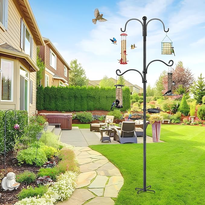 Bird Feeder Pole, Bird Feeding Station 88 Inch Shepherds Hooks for Outdoor Heavy Duty 1 Inch Dia Humming Birds Feeder Stand Hanger Post with 4 Hooks, Water Bowl and Birds Seed Tray