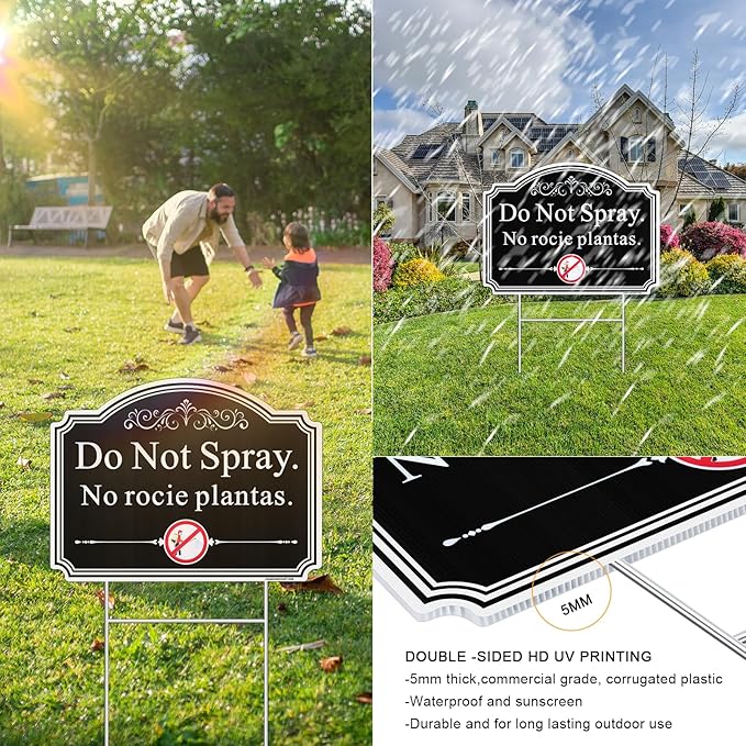 Do Not Spray Yard Signs in English and Spanish. 2 Pack 12.6" x 9.5" No Pesticide Garden Sign, No Spray Bilingual Plant Sign for Yard with Metal Stake, UV Protected, Weatherproof, Easy to Mount.