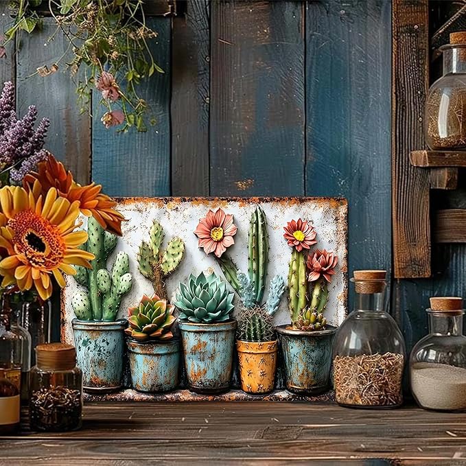Gardening Gifts Vintage Garden Mental Tin Signs Cactus Plant Flower Printing for Home Yard Greenhouse Outdoor Decoration (8x12 Inch)