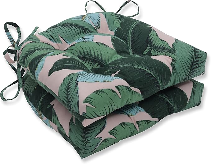 Pillow Perfect Tropic Botanical Indoor/Outdoor Tufted Wicker Seat Cushion With Ties, 2 Count, 15.5" x 16", Green Swaying Palms Capri