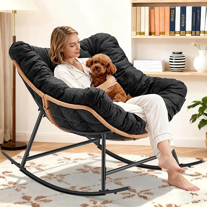 Outdoor Rocking Chair, Oversized Papasan Reading Chair Indoor with Thick Cushion, Comfy Rattan Rocker Egg Chair for Patio, Garden, Balcony, Lawn, Backyard, Bedroom, up to 450lbs, Black