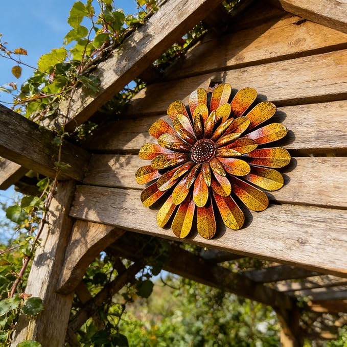 HOOEN 2pack Metal Flowers Wall Decor Wall Art Decorations Hanging For Indoor Outdoor Home Garden Farmhouse Yard Patio Fence Living Room Bedroom Decor