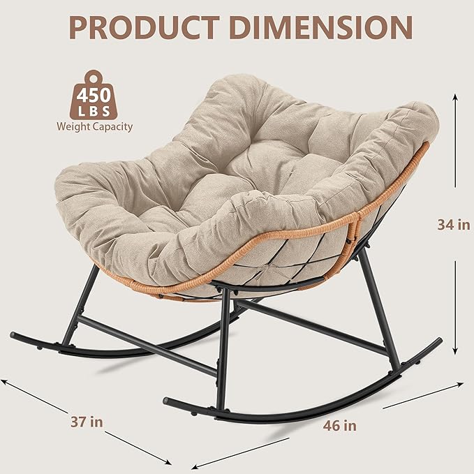 Outdoor Rocking Chair, Oversized Papasan Reading Chair Indoor with Thick Cushion, Comfy Rattan Rocker Egg Chair for Patio, Garden, Balcony, Lawn, Backyard, Bedroom, up to 450lbs, Beige