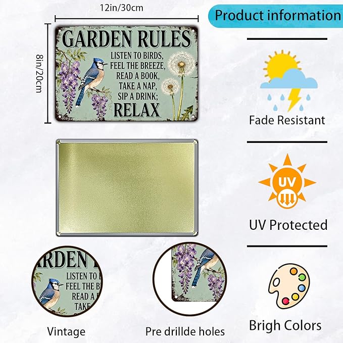 Garden Rules Tin Sign Vintage Metal Plaque for Patio Porch Yard She Shed Home Outdoor Wall Decor 12x8 Inch
