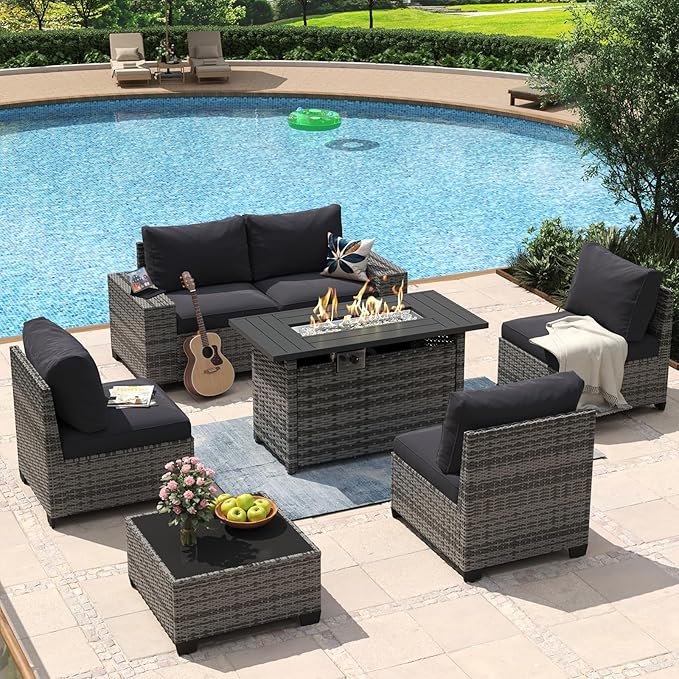 Aoxun 7 Piece Patio Furniture Set with Wide Armrests & 44” Fire Pit Table Wicker Rattan Outdoor Sectional Sofa Set with Coffee Table and Thickened Cushions, Gray/Blck(Waterproof Cover Included)
