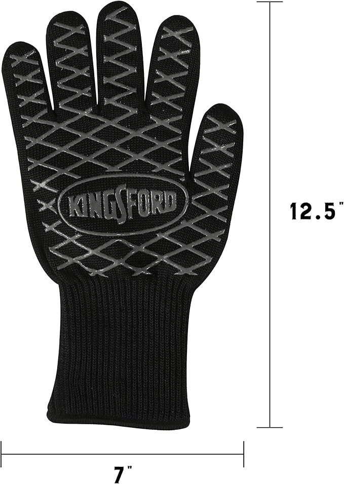 Kingsford Heat Resistant BBQ Grill Gloves, Aramid Fiber and Silicone Grip, Five Finger Gloves for Grilling, Baking, Frying, Smoker and Fire Pit Outdoor Use, One Size - 2 Count