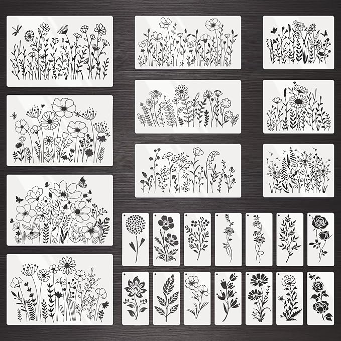 24 Pcs Stencils for Crafts Reusable, Floral Painting Templates - Flower, Leaf, Branch Botanical Nature Designs for DIY Wood Canvas Wall Card Scrapbook Decor