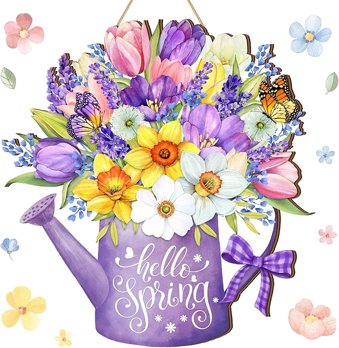 Juexica Hello Spring Door Sign for Front Porch - Flower Hanger Wreaths, Wooden Hanging Decor, Rustic Welcome Sign for Wall Pediments Decorations